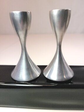 Pair Norwegian Pewter Candlesticks Hourglass Trumpet Form Circa 1960